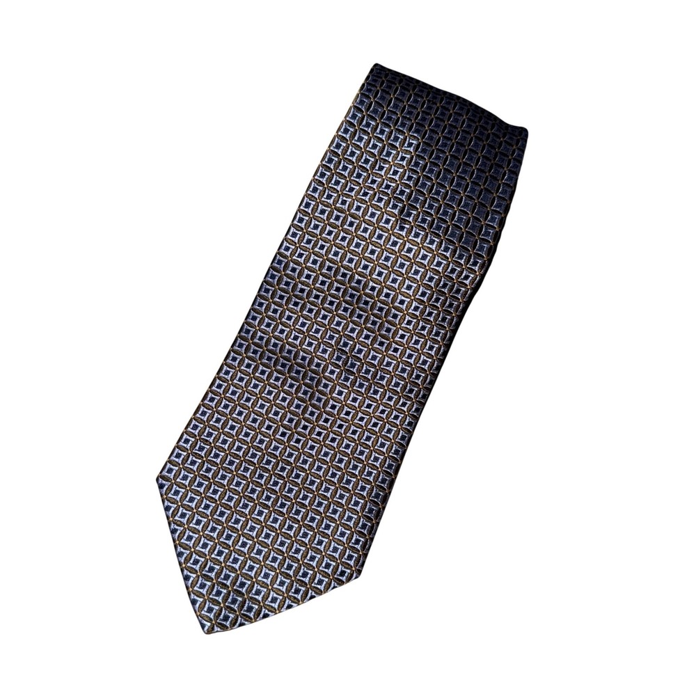 Banana Republic Tie OS Blue Gold Geometric Square Italian Made Silk Necktie‎
